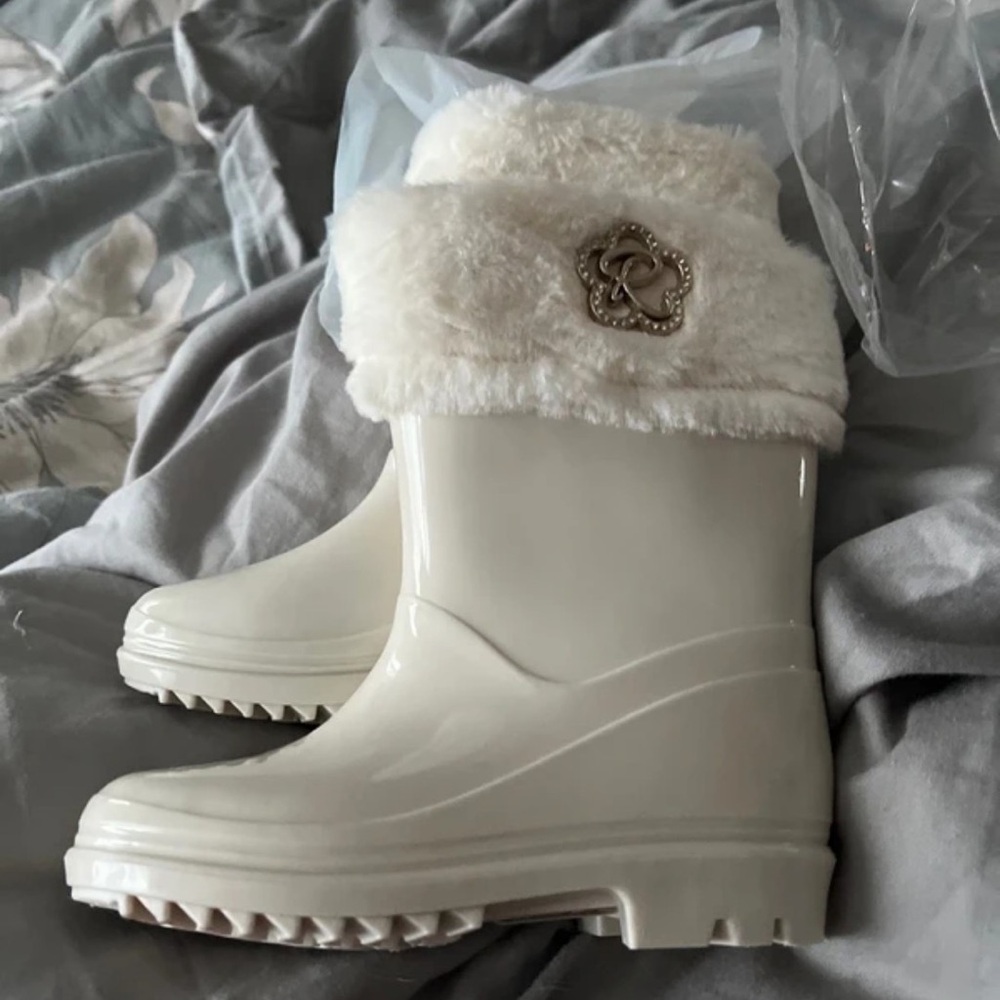River Island Cream Faux-Fur Cuff Waterproof Rain Boots
